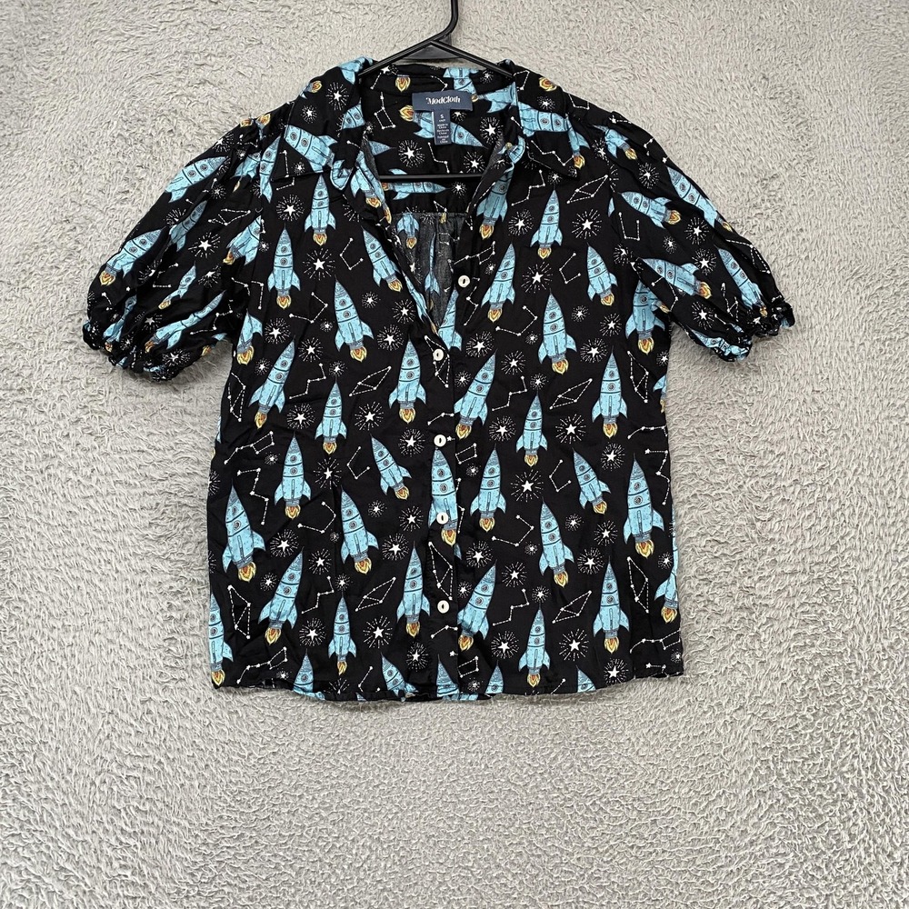 ModCloth Space Button Up Shirt Womens Small Black Puff Sleeve Top Rocket